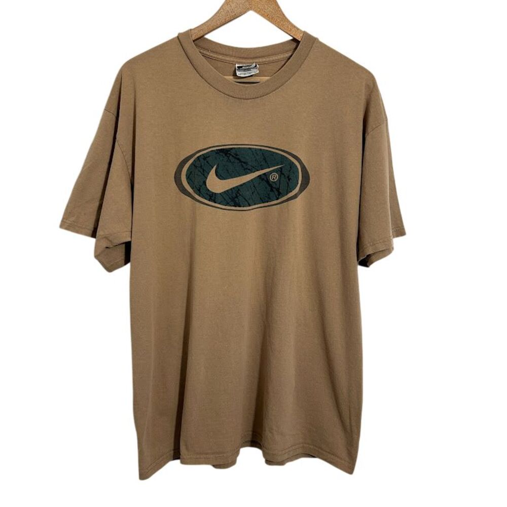 VTG Y2K Nike Shirt Mens L Brown Logo Center Swoosh Graphic T Short Sleeve